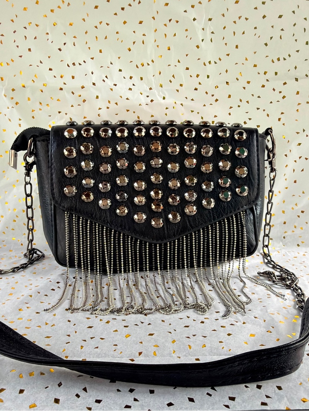 Black Studded Crossbody with Silver Fringe